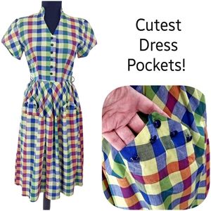 Vintage 1940s Plaid Cotton Dress Swan-neck Collar